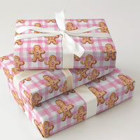 Watercolor Holiday Cookie Gift Wrap, Pink Gingham Gingerbread Man Wrapping Paper, Adorable Christmas Wrapping Paper, Sweet Present Packaging