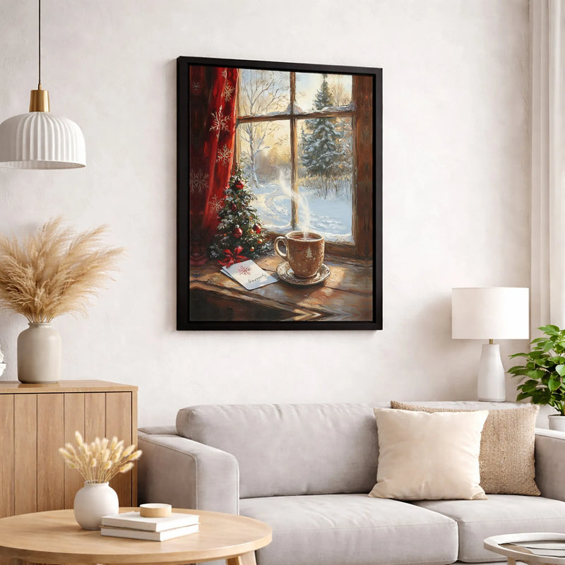 Snowy Cabin Winter Forest View Print, Christmas Window Canvas Wall Art, Festive Holiday Wall Decor, Comfy Art, Digital Download