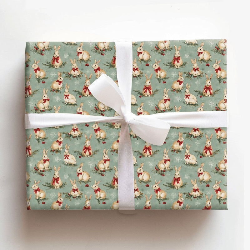 Woodland Rabbit Holiday Gift Wrap, Vintage Christmas Bunny Wrapping Paper, Sage Green Winter Wrapping Paper, Rustic Holiday Gift Wrap Roll