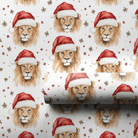 Watercolor Wild Animal Gift Wrap Paper, Lion with Santa Hat Christmas Wrapping Paper, Safari Holiday Wrapping Paper, Xmas Gift Wrap Roll