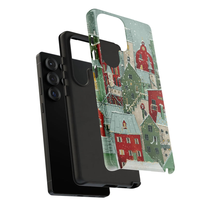 Winter Town Rooftops Phone Case, Snowy Christmas Village Samsung Galaxy Case, Festive Holiday Phone Cover, Comfy Winter Scene Case