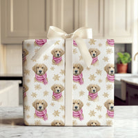 Puppy with Pink Scarf Christmas Gift Wrap, Golden Retriever Wrapping Paper, Watercolor Dog Wrapping Paper, Holiday Pet Gift Wrap Roll