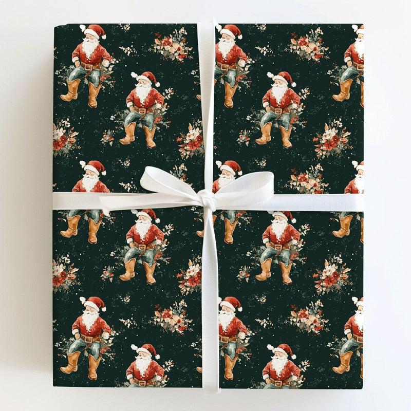 Western Floral Holiday Gift Wrap, Cowboy Santa Christmas Wrapping Paper, Rustic Country Santa Wrapping Paper, Dark Green Xmas Gift Wrap