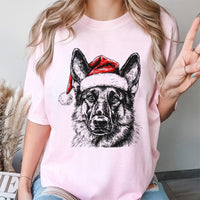 Santa Hat Dog Graphic Tee, German Shepherd Christmas T-Shirt, Festive German Shepherd Shirt, Adorable Dog Lover Holiday T-Shirt, Xmas Dog Present