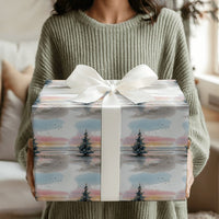 Sunset Beach Holiday Gift Wrap, Coastal Christmas Tree Wrapping Paper, Watercolor Ocean Scene Wrapping Paper, Seaside Gift Wrap Roll
