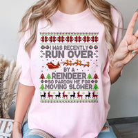 Humorous Ugly Christmas Sweater Style Tee, Run Over by A Reindeer T-Shirt, Sarcastic Holiday Party Shirt, Retro Christmas Humor T-Shirt