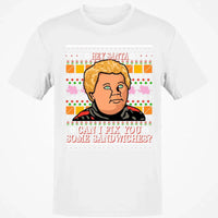 Ugly Christmas Sweater Graphic Tee, Hey Santa Can I Fix You Some Sandwiches T-Shirt, Humorous Holiday Movie Quote Shirt, Xmas Present