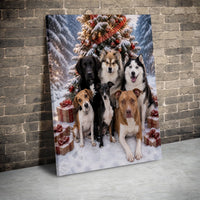 Holiday Dogs Christmas Tree Wall Art, Christmas Dog Pack Portrait Canvas, Snowy Winter Dog Canvas Print, Festive Pet Wall Decor