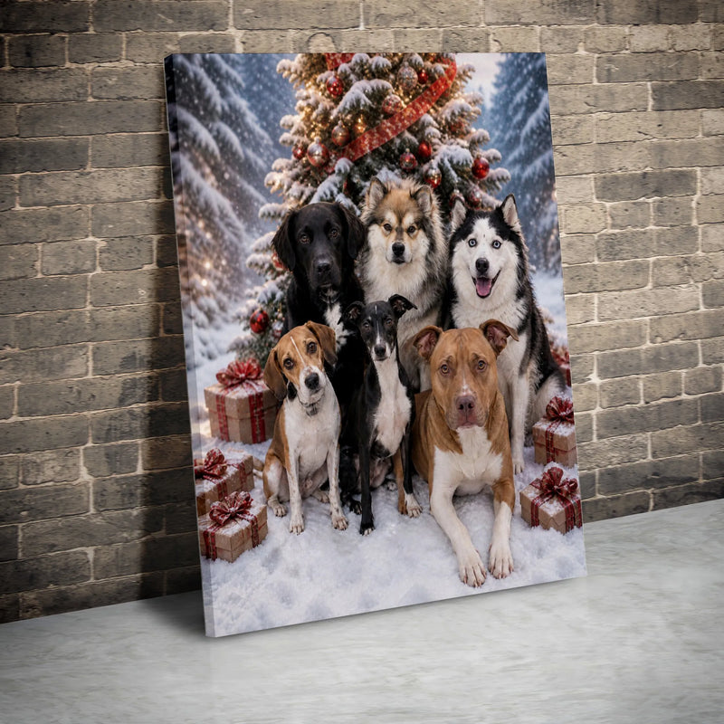 Holiday Dogs Christmas Tree Wall Art, Christmas Dog Pack Portrait Canvas, Snowy Winter Dog Canvas Print, Festive Pet Wall Decor