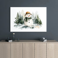 Winter Forest Christmas Canvas Print, Watercolor Snowman Canvas Art, Holiday Wall Decor, Seasonal Winter Landscape Canvas Wall Art