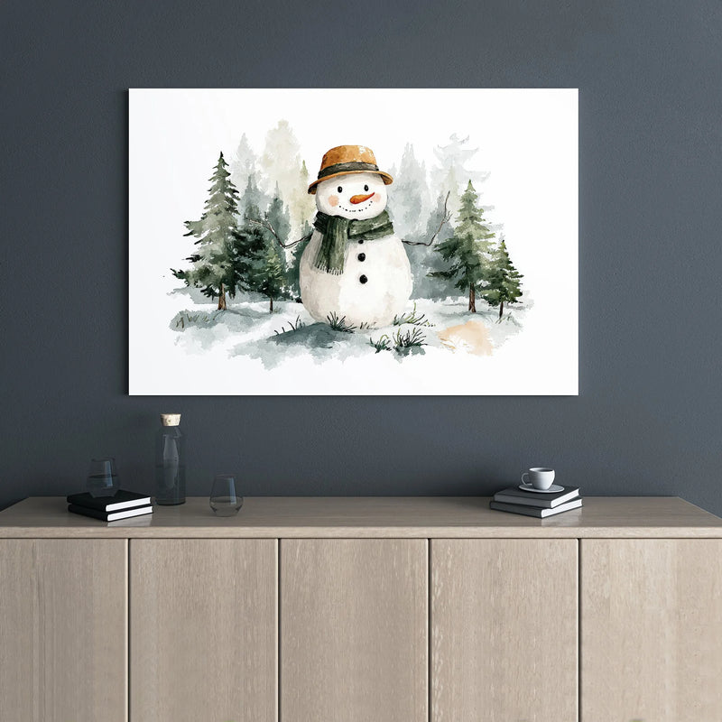 Winter Forest Christmas Canvas Print, Watercolor Snowman Canvas Art, Holiday Wall Decor, Seasonal Winter Landscape Canvas Wall Art