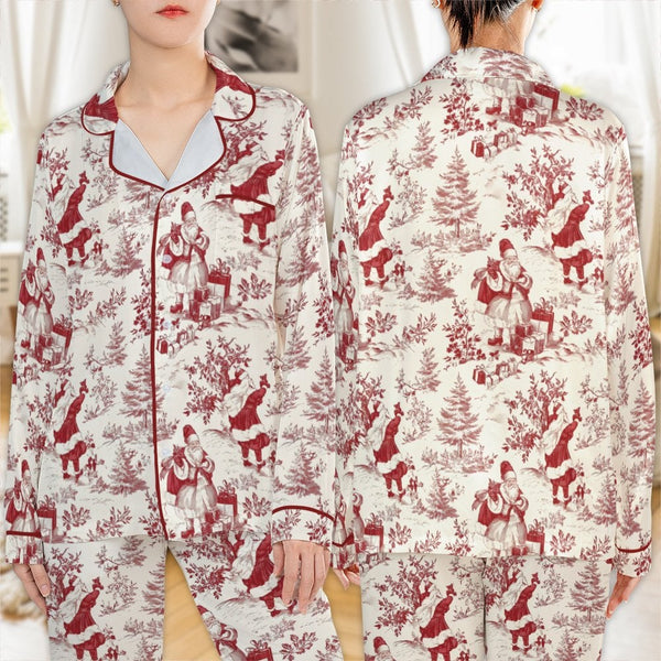 Classic Christmas Pajamas, Vintage Santa Toile Satin Pajama Set, Long Sleeve Holiday Pajama Set, Retro Winter Loungewear, Pre