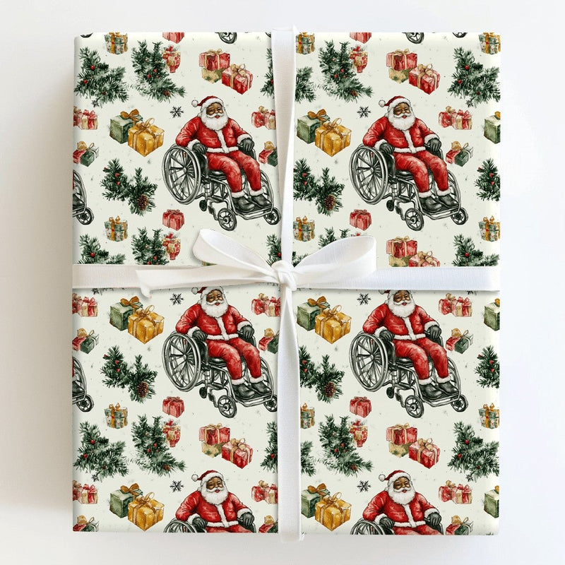 Wheelchair Santa Christmas Gift Wrap, Black Santa Wrapping Paper, Inclusive Holiday Wrapping Paper, Diverse Xmas Present Gift Wrap