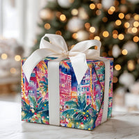 Coastal Palm Tree Gift Wrap, Tropical Christmas Wrapping Paper, Vibrant Cityscape Wrapping Paper, Warm Holiday Present Gift Wrap