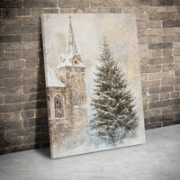 Christmas Tree Church Wall Art, Winter Church Snowy Landscape Canvas Art, Vintage Winter Church Painting, Holiday Digital Download Print
