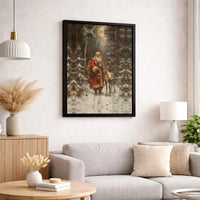 Snowy Winter Forest Canvas Wall Art, Santa Claus and Reindeer Canvas Print, Christmas Holiday Landscape Canvas, Rustic Xmas Home Decor