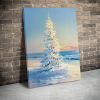 Snowy Coastal Impressionist Canvas Print, White Christmas Tree Beach Poster, Holiday Seaside Ocean Wall Art, Digital Download
