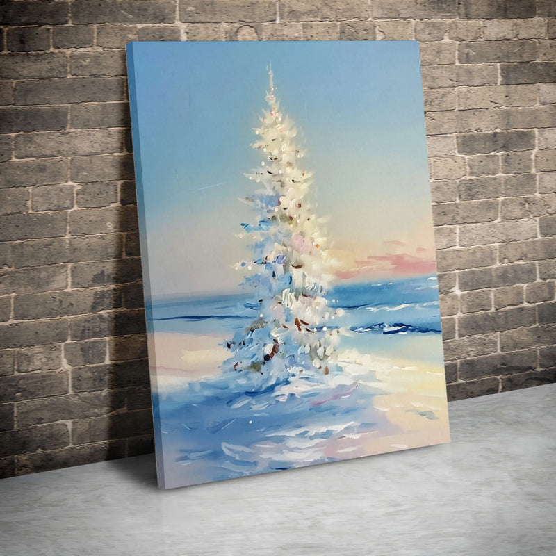 Snowy Coastal Impressionist Canvas Print, White Christmas Tree Beach Poster, Holiday Seaside Ocean Wall Art, Digital Download