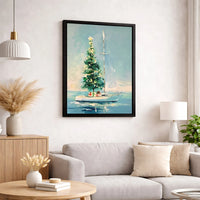 Nautical Coastal Holiday Canvas Art, Christmas Tree on Sailboat Canvas, Beach House Xmas Canvas Print, Festive Ocean Wall Decor