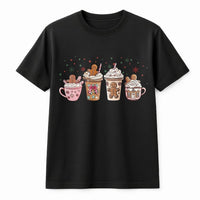 Adorable Holiday Hot Cocoa Graphic Tee, Gingerbread Coffee Christmas T-Shirt, Festive Gingerbread Baker Shirt, Winter Season Coffee Lover Tee