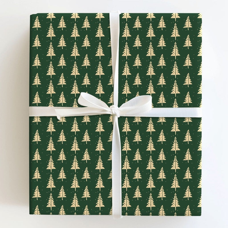 Forest Green Holiday Gift Wrap Roll, Gold Pine Tree Christmas Wrapping Paper, Winter Tree Wrapping Paper, Festive Xmas Gift Wrapping Paper