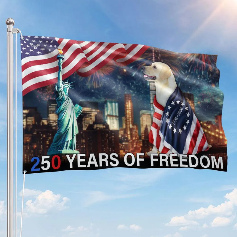 250 Years of Freedom Patriotic Flag | Golden Retriever Wrapped in American Flag | Double-Sided Weather-Resistant House Flag | USA 250th Anniversary Gift