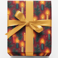 Red and Gold Holiday Gift Wrap, Candlelight Christmas Wrapping Paper, Festive Pine Candle Present Wrap, Winter Xmas Gift Wrapping Paper Roll