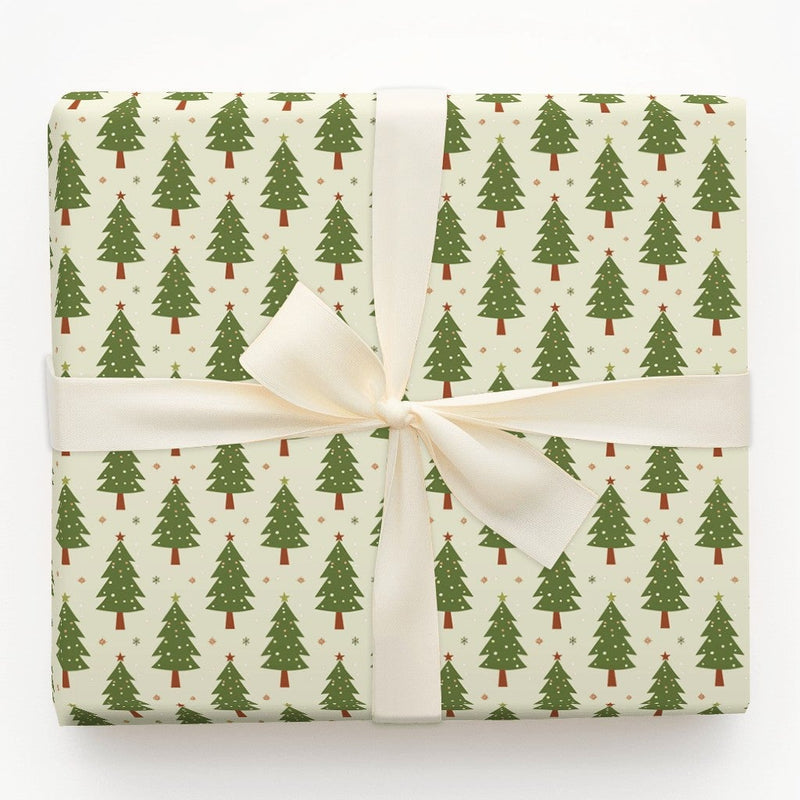 Retro Green Pine Tree Gift Wrap, Christmas Tree Wrapping Paper, Holiday Snowflake Wrapping Paper, Adorable Seasonal Xmas Gift Wrap Roll