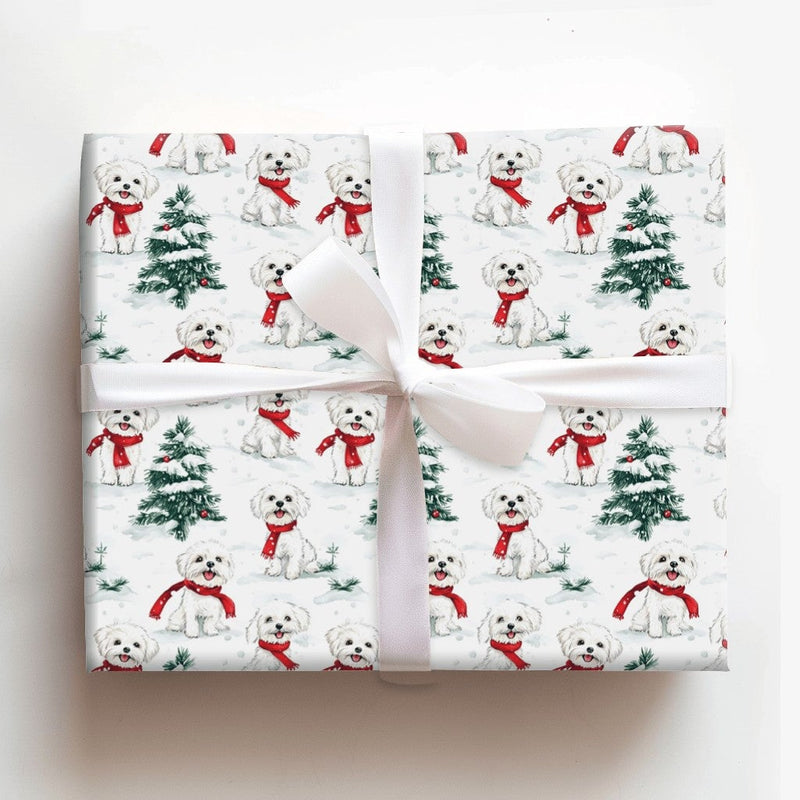 Winter Puppy Holiday Wrapping Paper, Maltese Dog Christmas Wrapping Paper, Snowy Tree Dog Wrapping Paper, Festive Pet Lover Gift Wrap Roll