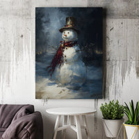 Winter Night Snowman Painting, Snowman Canvas Wall Art, Holiday Snowman Art Print, Farmhouse Christmas Decor, Printable Digital Download
