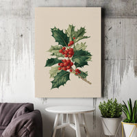 Vintage Christmas Holly Wall Art, Holly Berry Botanical Canvas, Winter Berry Foliage Canvas Print, Holiday Botanical Decor