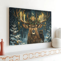 Magical Holly Candle Black Cat Poster, Winter Forest Deer Wall Art, Whimsical Holiday Landscape Print, Christmas Decor, Digital Download