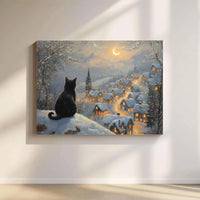Winter Night Holiday Canvas Art, Black Cat Snowy Christmas Village Canvas, Festive Christmas Cat Canvas Print, Comfy Winter Scene Wall Decor