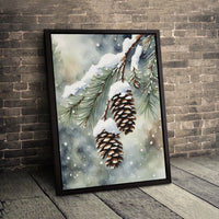 Winter Forest Watercolor Canvas, Snowy Pine Cones Canvas Print, Rustic Pine Cone Canvas Art, Christmas Pinecone Print, Holiday Home Decor