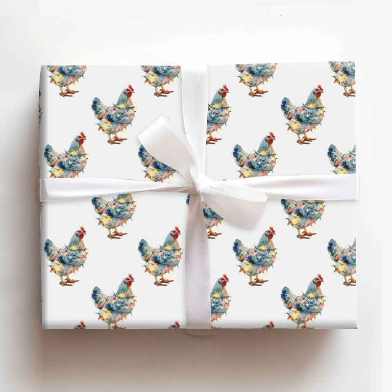 Farm Animal Holiday Gift Wrap, Christmas Lights Chicken Wrapping Paper, Humorous Rooster Xmas Wrapping Paper, Farmhouse Gift Wrap Roll