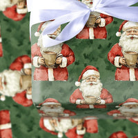 Comfy Christmas Santa Gift Wrap, Vintage Santa Hot Cocoa Wrapping Paper, Retro Green Holiday Wrapping Paper, Festive Winter Present Gift Wrap
