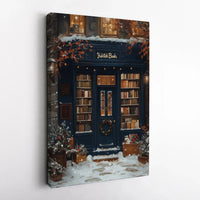 Snowy Winter Shop Holiday Art Print, Christmas Bookstore Canvas Wall Art, Comfy Book Lover Christmas Canvas Poster, Digital Download