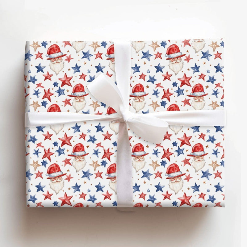 Americana Christmas Gift Wrap, Patriotic Santa Wrapping Paper, Red White Blue Wrapping Paper, Vintage Santa Stars Holiday Gift Wrap Roll