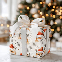 Adorable Woodland Animal Gift Wrap, Watercolor Fox Christmas Wrapping Paper, Santa Hat Winter Fox Wrapping Paper, Festive Holiday Gift Wrap Roll