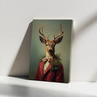 Vintage Christmas Buck Portrait Print, Dapper Deer Red Plaid Suit Canvas Wall Art, Rustic Holiday Lodge Decor, Winter Cabin Present