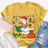 Humorous Holiday Bookworm Goose Shirt, Christmas Goose Reading Book T-Shirt, Adorable Winter Reading Tee, Book Lover Christmas Present T-Shirt