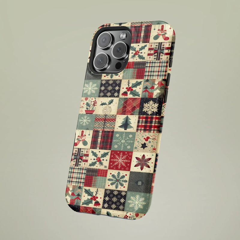 Holiday Plaid Snowflake iPhone Case, Christmas Patchwork Phone Case, Festive Holly Berry Phone Cover, Vintage Quilt Pattern Holiday Case