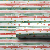 Red and Green Christmas Gift Wrap, Watercolor Stripe Wrapping Paper, Gold Foil Dot Holiday Present Paper, Festive Stripe Wrapping Paper Roll