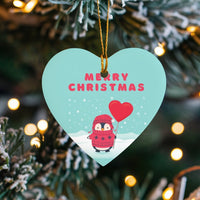 Merry Christmas Ceramic Ornament, Penguin Balloon Heart Ornament, Adorable Holiday Animal Keepsake Ornament, Festive Winter Decor Family Present