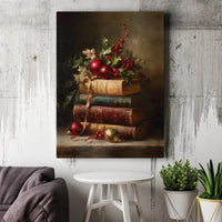Holly Berries Canvas Print, Vintage Christmas Book Canvas Art, Still Life Holiday Canvas, Winter Wall Art Canvas, Festive Seasonal Present