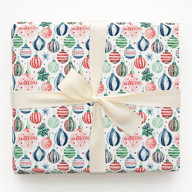 Festive Holiday Ornament Gift Wrap, Watercolor Christmas Wrapping Paper, Pine Botanical Xmas Wrapping Paper Roll, Seasonal Present Wrap