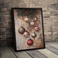 Rustic Oil Painting Baubles Holly Print, Vintage Christmas Ornaments Canvas Wall Art, Holiday Festive Canvas Digital Download