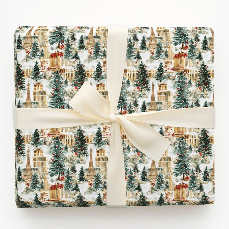 Eiffel Tower Winter Gift Wrap Roll, Parisian Christmas Wrapping Paper, Watercolor Paris Cityscape Wrapping Paper, Holiday Travel Gift Wrap