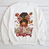 African American Holiday Sweatshirt, Afrocentric Merry Christmas Sweatshirt, Melanin Queen Plaid Bow Sweater, Black Woman Xmas Crewneck Present