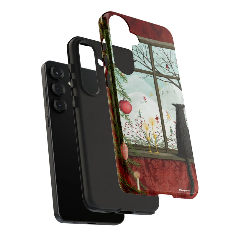 Holiday Black Cat Phone Cover for Samsung Galaxy, Christmas Window Cat Phone Case, Comfy Winter Scene Protective Case, Festive Cat Lover Present